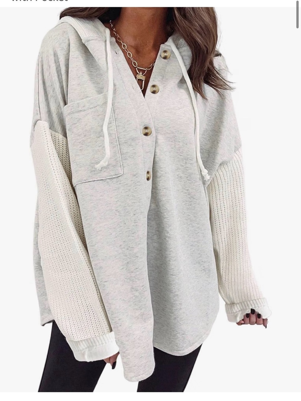 Women's Light Gray Hooded Button Pullover with Cream Knit Sleeves
